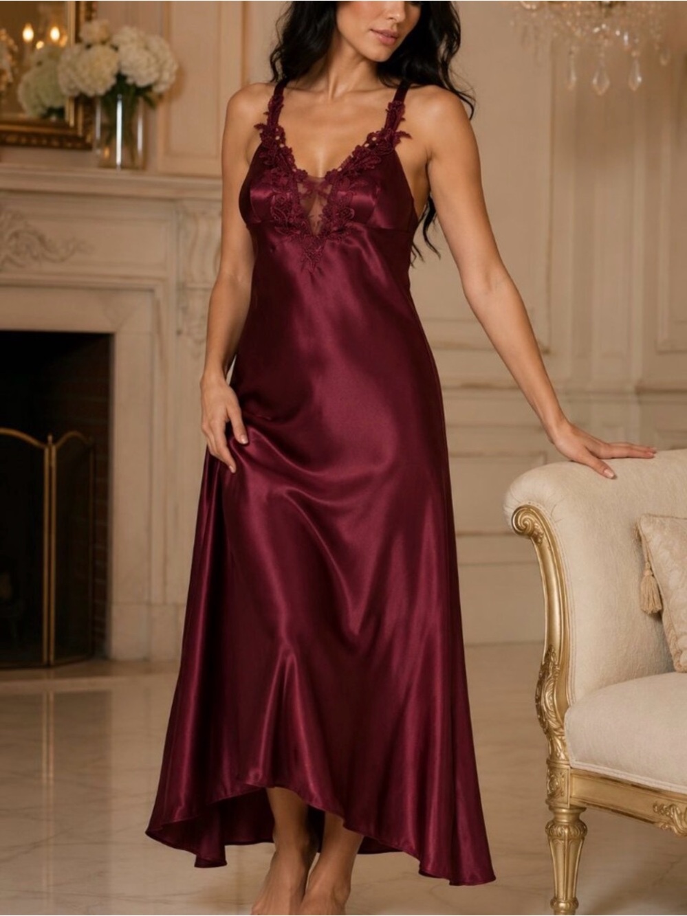 Flora Nikrooz Stella Satin Venise Trim Nightgown Bordeaux XL Lingerie
